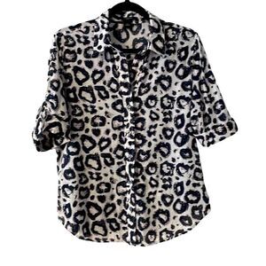 Ann Taylor white & black abstract print light cotton short sleeve blouse 12